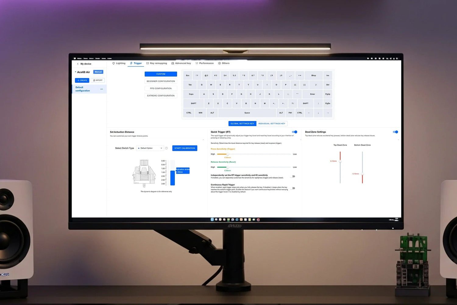 Customizable mechanical keyboard software interface with trigger settings, actuation distance, and dead zone controls on desktop monitor.