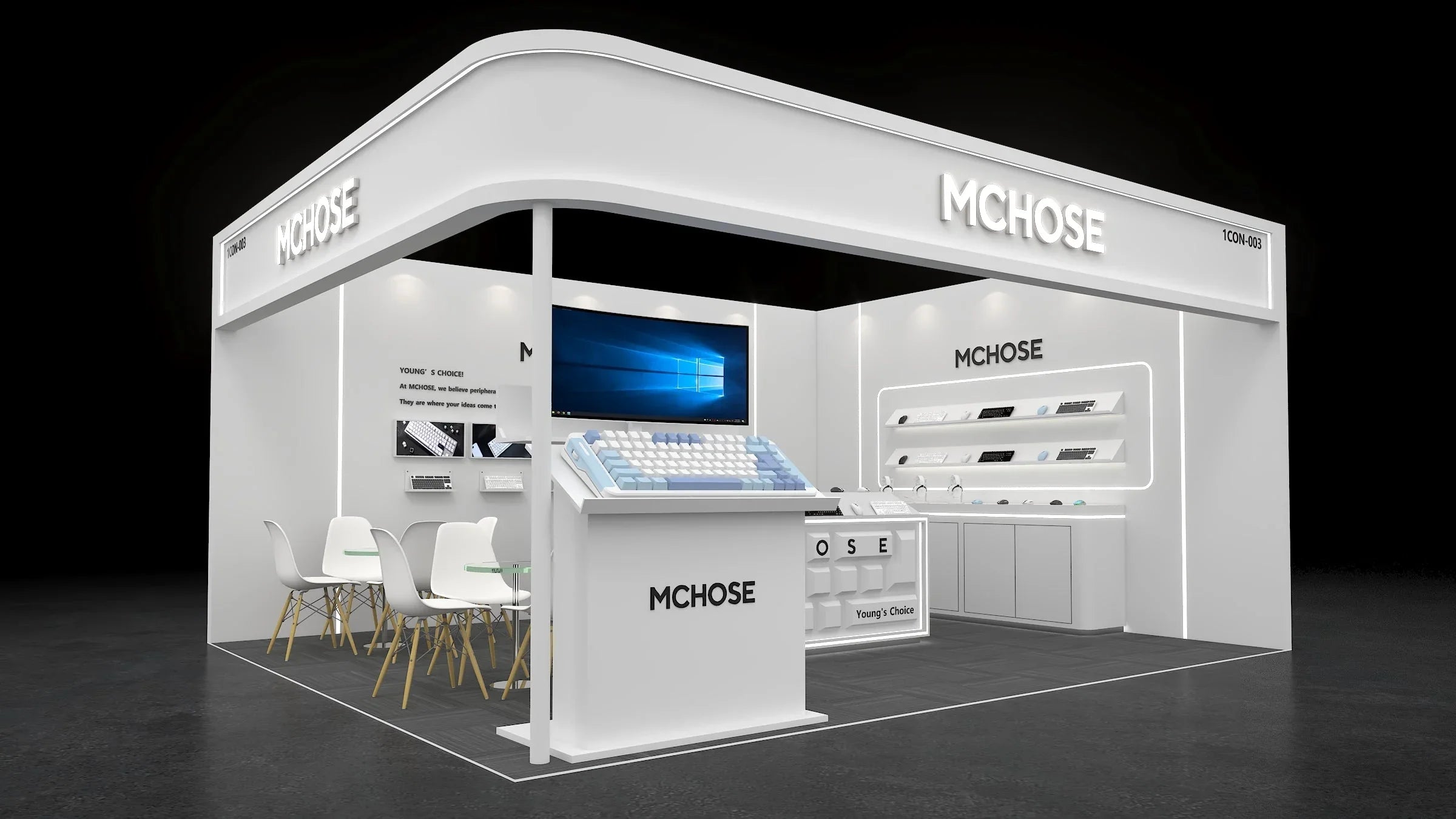 MCHOSE tech booth displaying keyboards, mice, and peripherals with modern white design and LED lighting