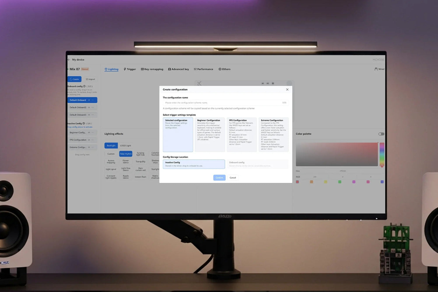 Customize Mix 87 keyboard settings with lighting, trigger, and performance options on desktop software