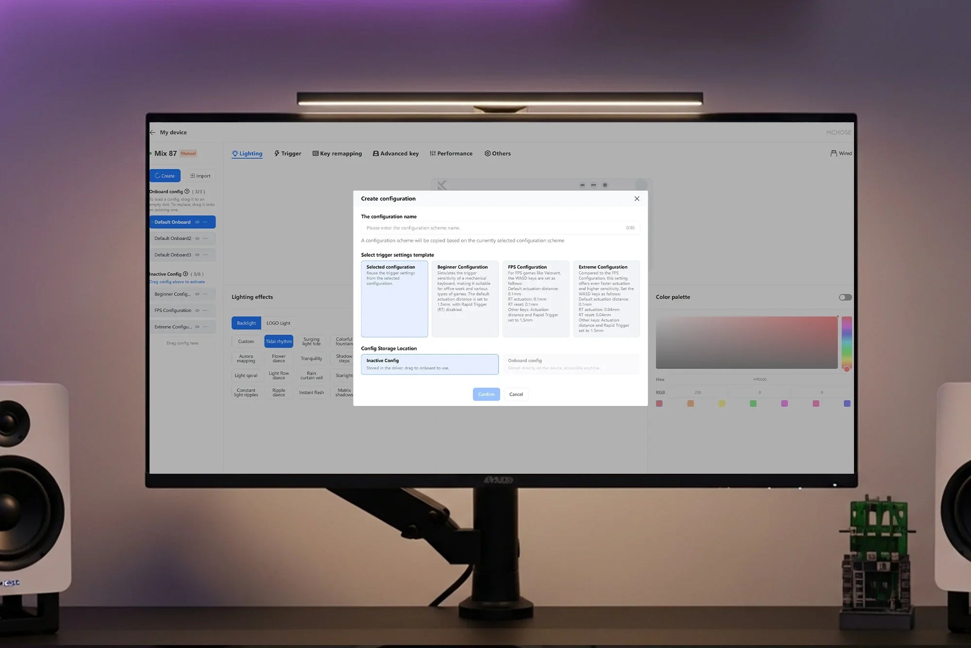 Customize Mix 87 keyboard settings with lighting, trigger, and performance options on desktop software