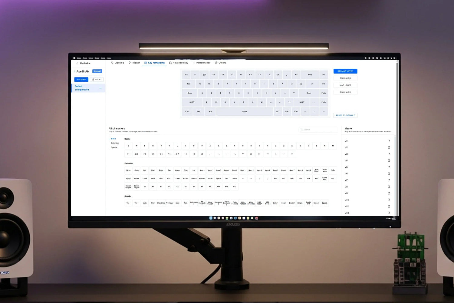 Customizable mechanical keyboard software interface for key remapping and macro setup on desktop
