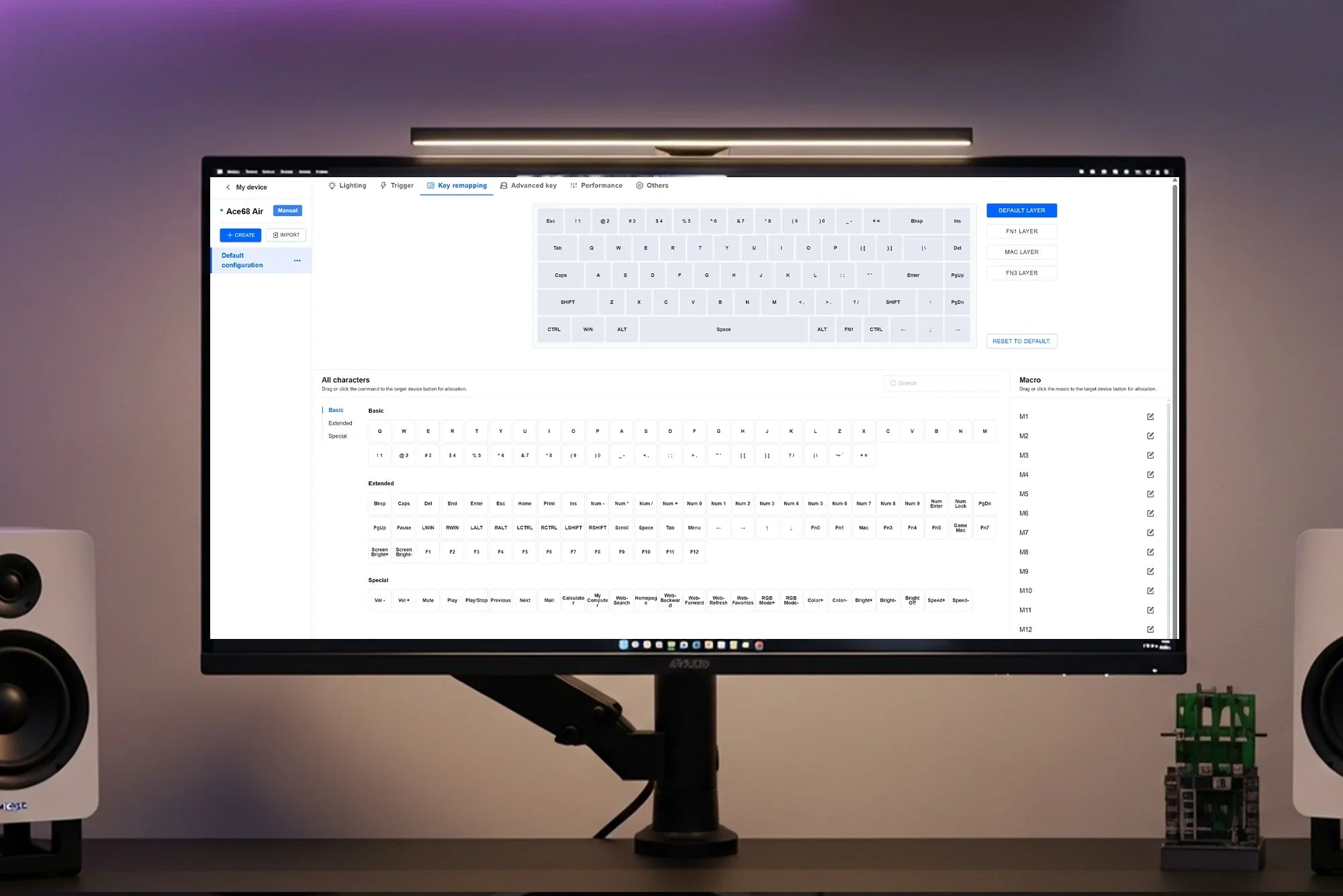 Customizable mechanical keyboard software interface for key remapping and macro setup on desktop