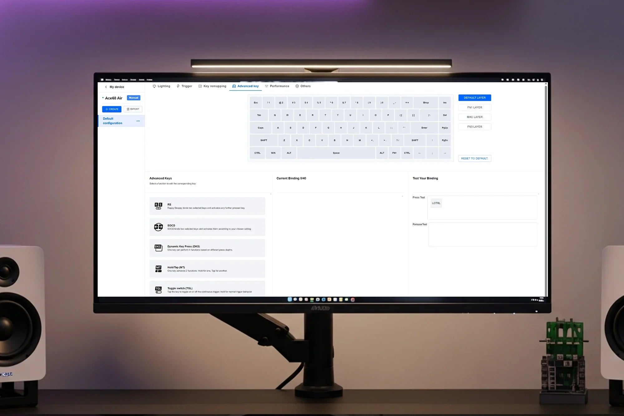 Customizable mechanical keyboard software interface with advanced key mapping and lighting controls on desktop monitor