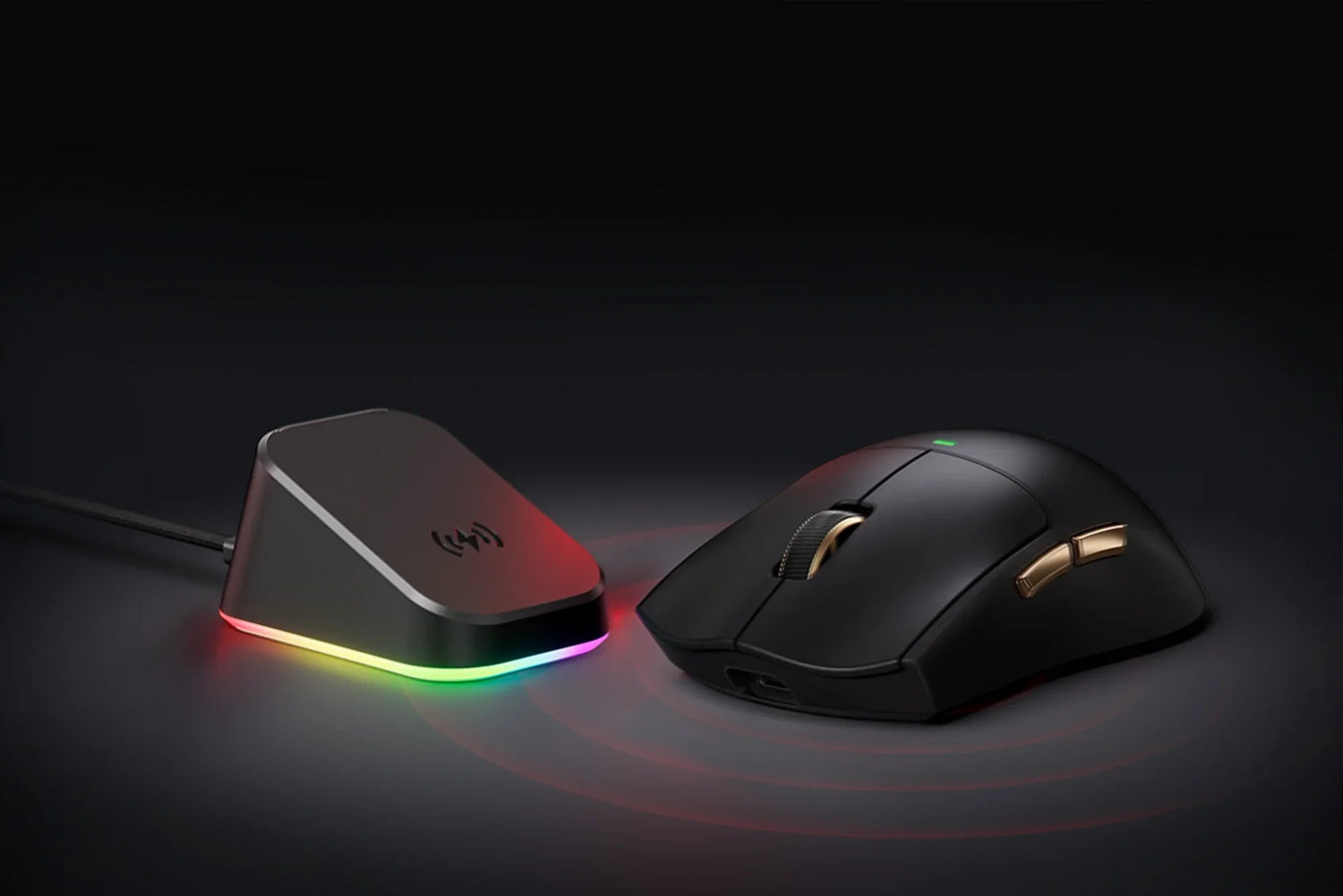 Wireless gaming mouse with RGB charging dock, sleek black design, gold accents, and vibrant LED lighting