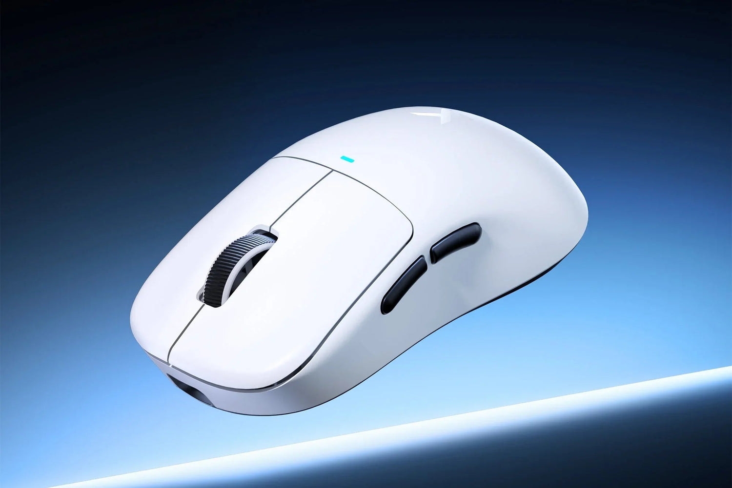White ergonomic wireless gaming mouse with RGB lighting and side buttons, sleek design for precision control