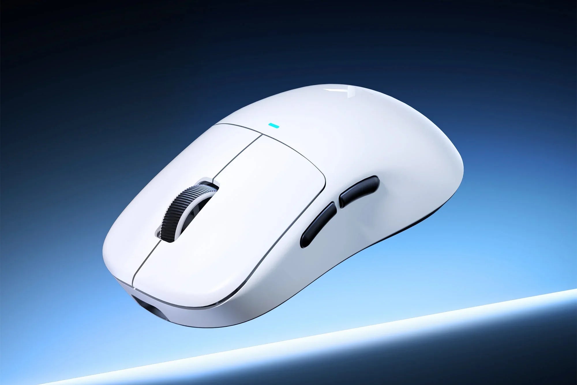White ergonomic wireless gaming mouse with RGB lighting and side buttons, sleek design for precision control