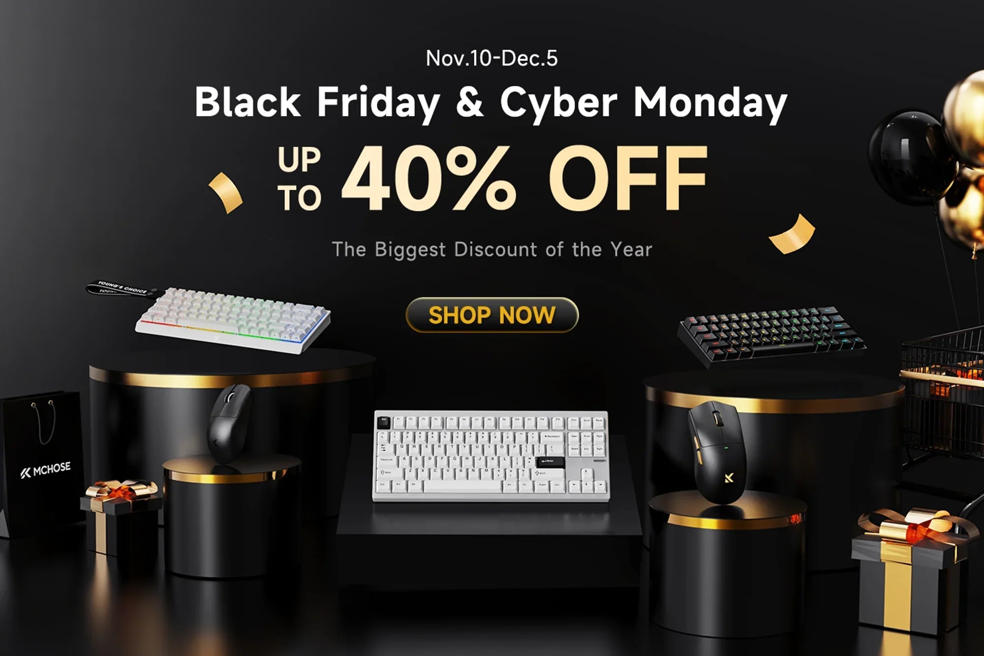 Black Friday & Cyber Monday sale: up to 40% off keyboards and mice on black and gold display