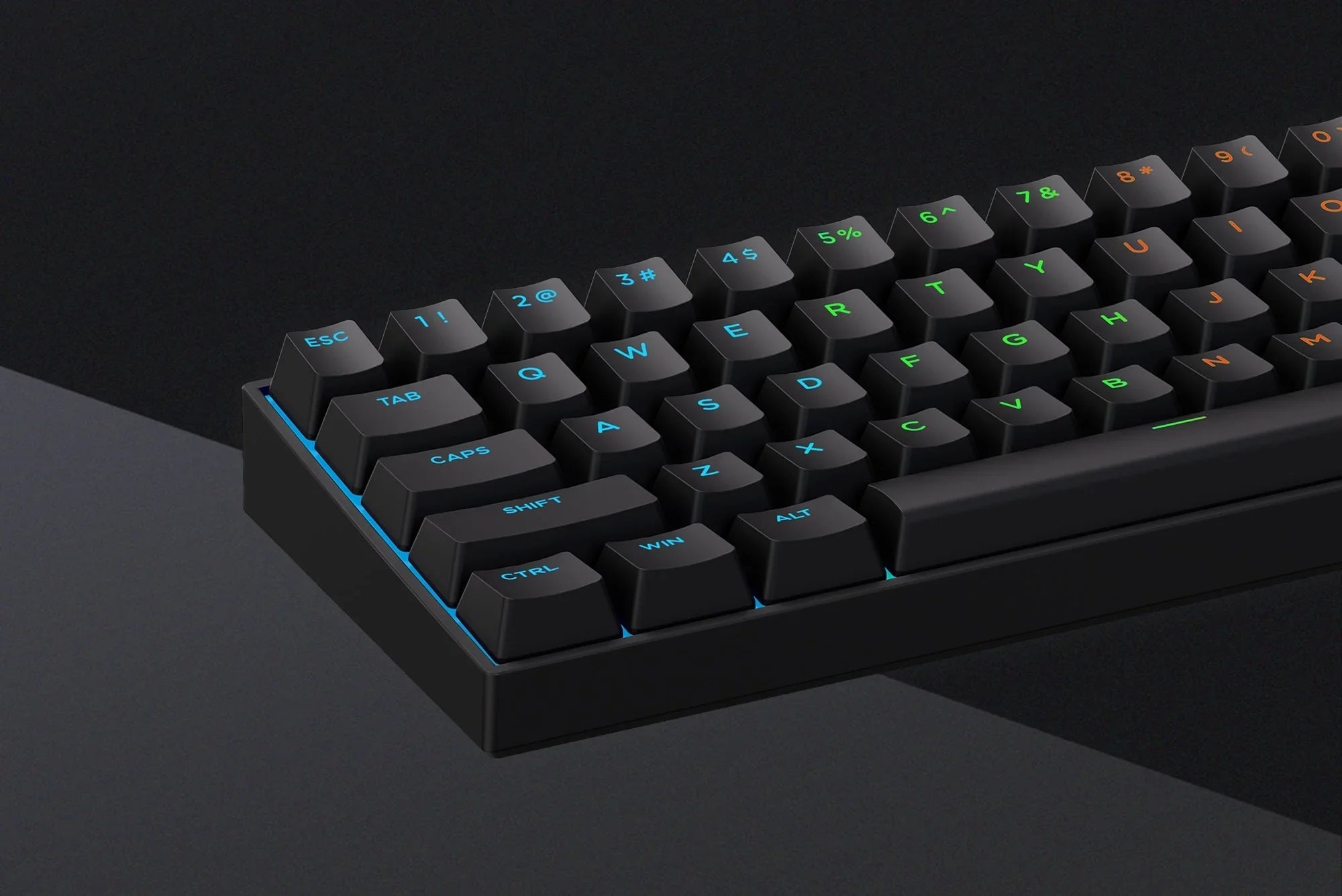 Black mechanical keyboard with RGB backlighting, vibrant blue and green keycaps, sleek gaming design