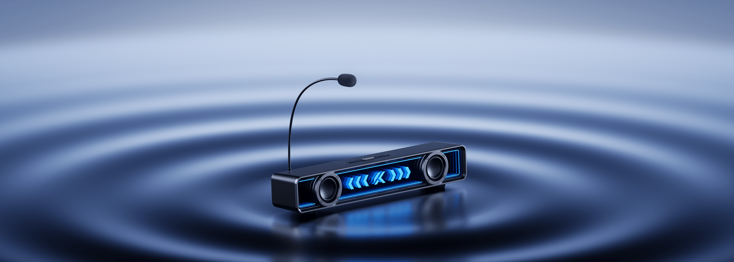 Black gaming soundbar with blue LED lights and flexible mic, set on rippling blue surface