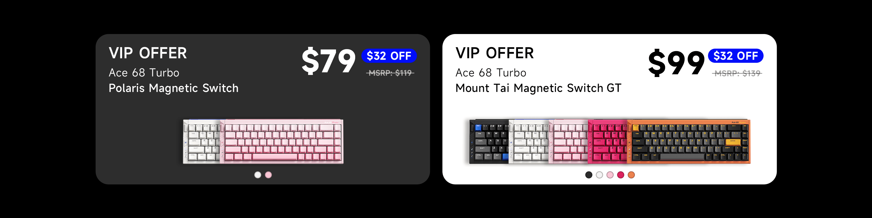 Two VIP offer cards for keyboards with price