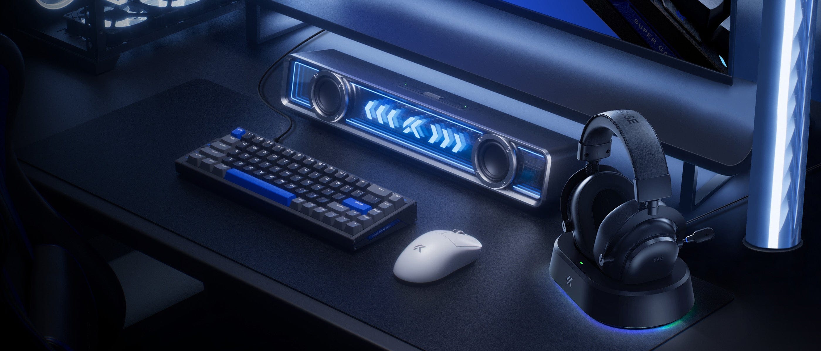 MCHOSE V9 Turbo gaming headset on desk setup with RGB Base Station lighting