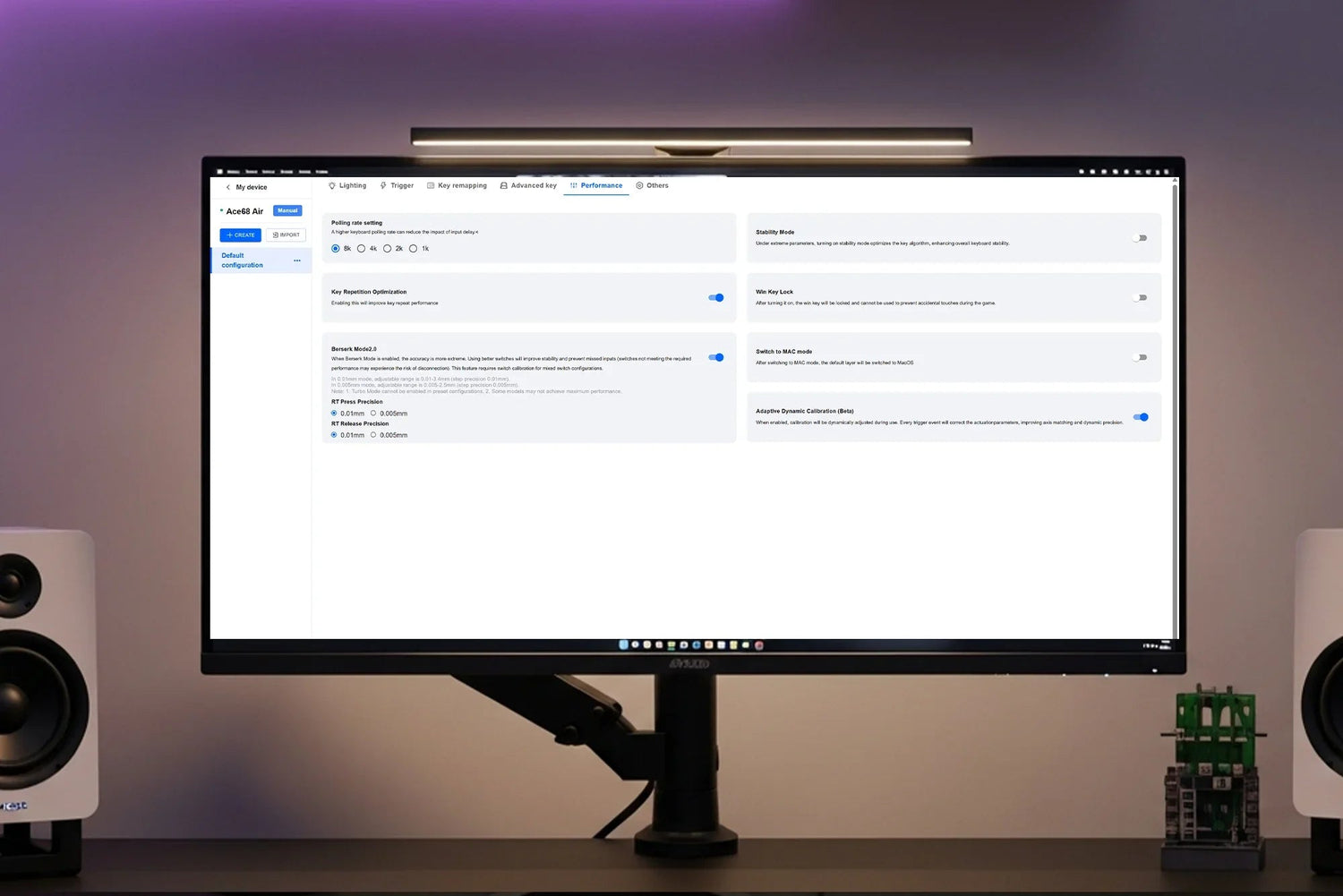 Ace68 Air keyboard performance settings on monitor with audio speakers and desk setup