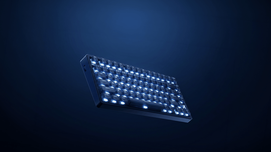 MCHOSE Ace 75 Hall Effect keyboard MCHOSE Ace 75 Navy Blue 75% Hall Effect gaming keyboard tilted with glowing RGB backlight