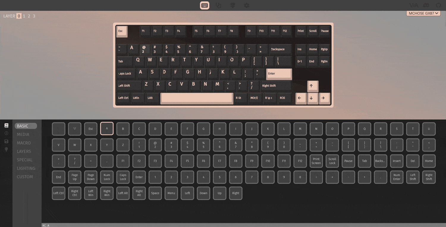 MCHOSE GX87 QMK/VIA software interface - custom key remapping and macro programming
