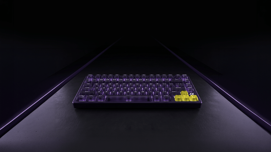 MCHOSE Ace 75 RGB lighting MCHOSE Ace 75 Midnight Purple keyboard with purple RGB lighting on a dark runway